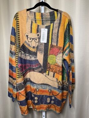 Men's Multicolor Graphic Crewneck Sweater - Bear Motif in Yellow/Blue